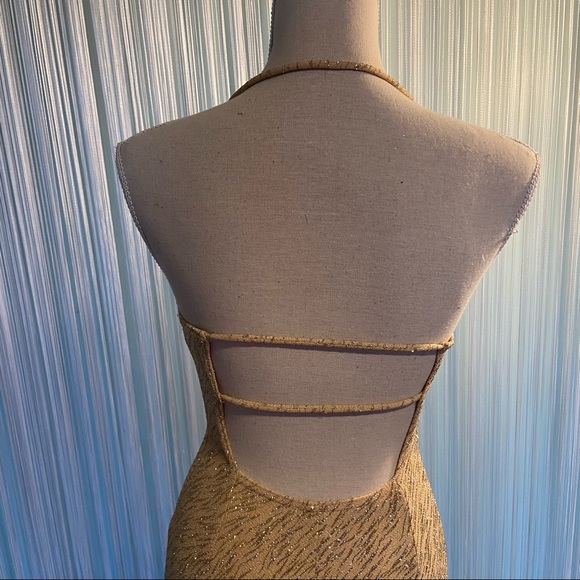 Vintage Gold Sparkle Glitter Open Back Fish Tail Sexy Party Halter Dress - Picture 5 of 17